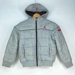 Nike Air Jordan Puffer Jacket Boys Small Gray Full Zip Jumpman Hooded Youth 8-10